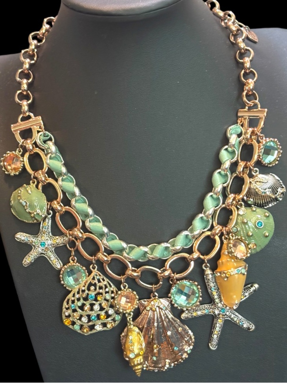 Gold-Tone Sea Shell Charm Necklace with Mint Ribbon
